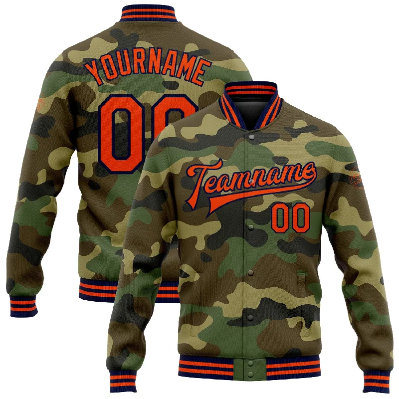 Stylish Checked Wool Jacket for Cozy Looks-Custom Camo Orange-Navy Bomber Full-Snap Varsity Letterman Salute To Service Jacket