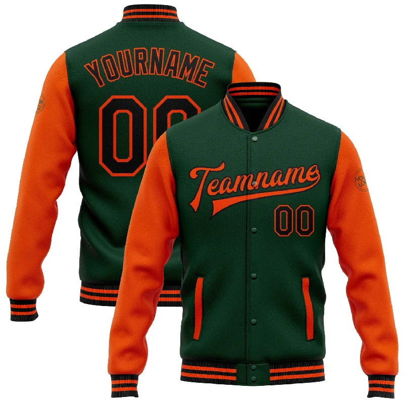 Trendy Shearling Jacket for Cold Winter Days-Custom Green Black-Orange Bomber Full-Snap Varsity Letterman Two Tone Jacket