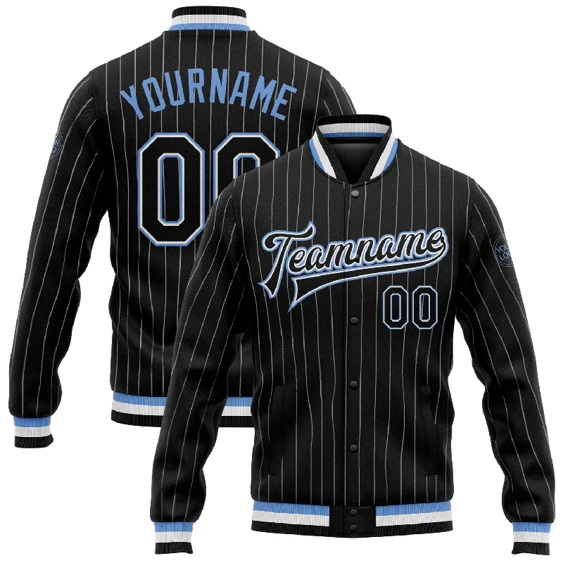 Breathable Mesh Jacket for Warm Weather-Custom Black White Pinstripe Light Blue Bomber Full-Snap Varsity Letterman Jacket