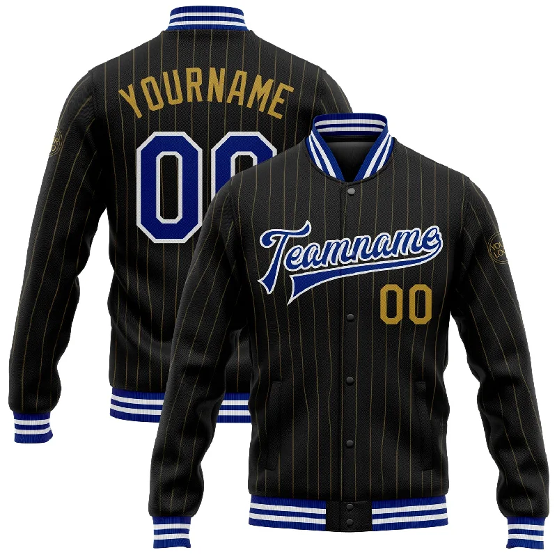 Elegant Wool Blazer Jacket for Professional Looks-Custom Black Old Gold Pinstripe Royal-White Bomber Full-Snap Varsity Letterman Jacket