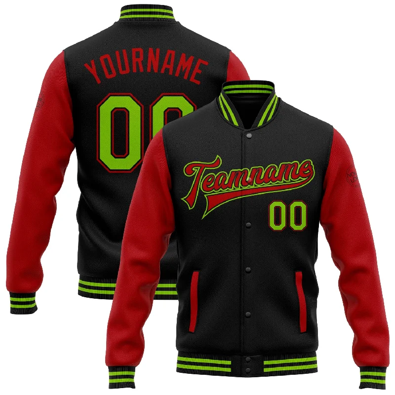 Cozy Long Parka Jacket for Winter Warmth-Custom Black Neon Green-Red Bomber Full-Snap Varsity Letterman Two Tone Jacket