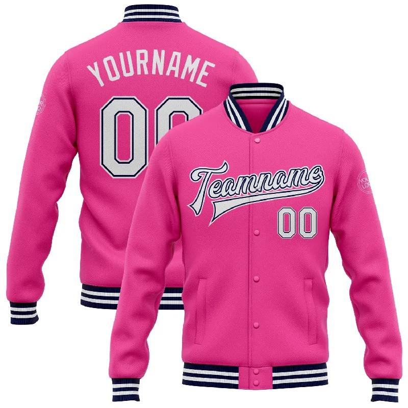 Stylish Quilted Coat Jacket for Fall Fashion-Custom Pink White-Navy Bomber Full-Snap Varsity Letterman Jacket