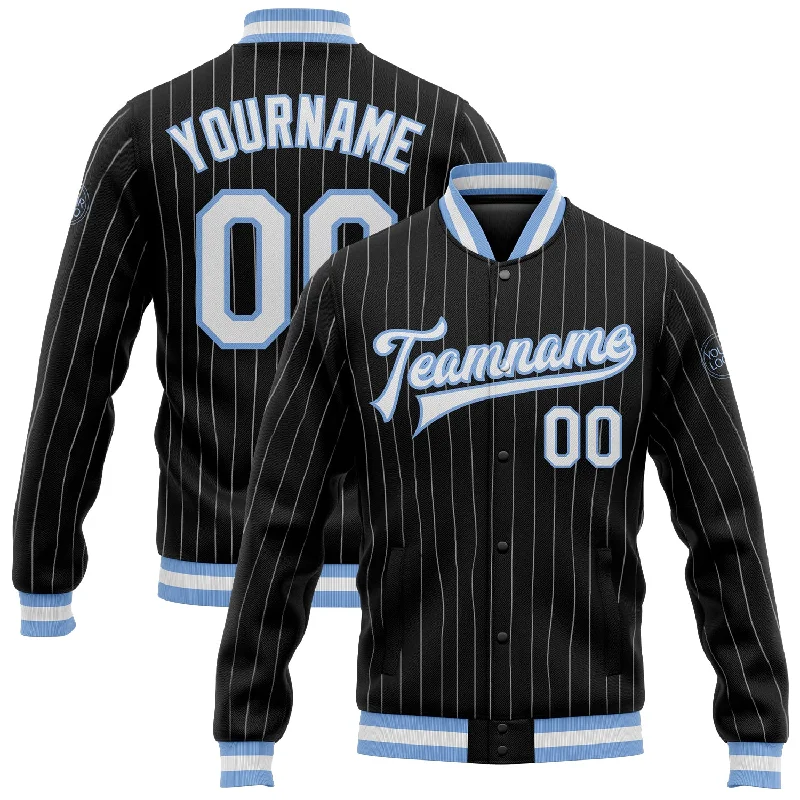 Stylish Moto Jacket for Edgy Looks-Custom Black White Pinstripe Light Blue Bomber Full-Snap Varsity Letterman Jacket