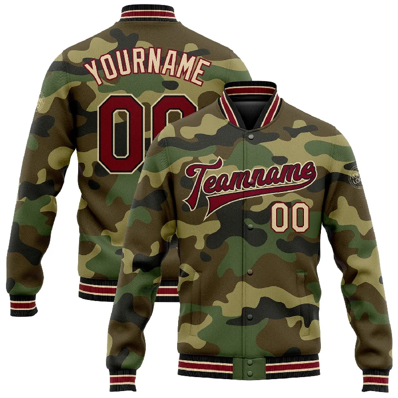 Modern Utility Jacket for Everyday Wear-Custom Camo Crimson Black-City Cream Bomber Full-Snap Varsity Letterman Salute To Service Jacket