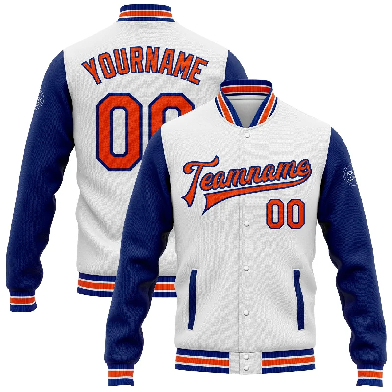 Trendy Wool Blend Jacket for Cold Weather-Custom White Orange-Royal Bomber Full-Snap Varsity Letterman Two Tone Jacket