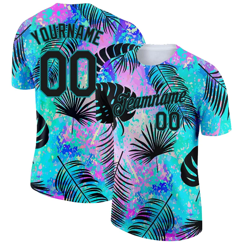 Sporty Performance T-Shirt for Fitness-Custom Teal Black 3D Pattern Design Hawaii Palm Leaves Performance T-Shirt