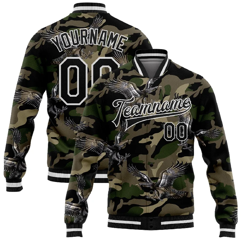 Soft Wool Jacket for Fall Fashion-Custom Camo Black-White Eagle 3D Pattern Design Bomber Full-Snap Varsity Letterman Salute To Service Jacket