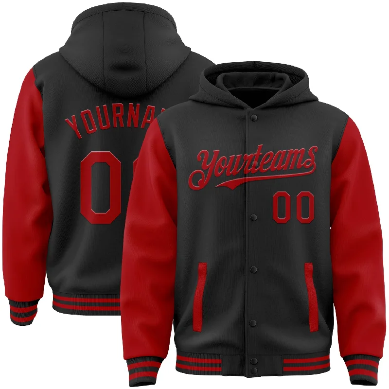 Soft Hoodie for Nighttime Comfort-Custom Black Red Bomber Full-Snap Varsity Letterman Two Tone Hoodie Jacket