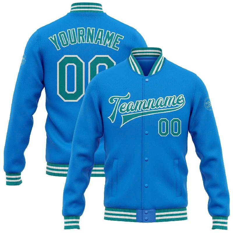 Comfortable Fitted Jacket for Everyday Wear-Custom Powder Blue Teal-White Bomber Full-Snap Varsity Letterman Jacket