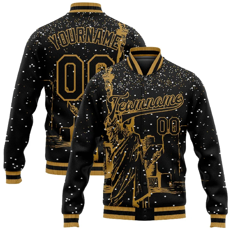 Versatile Soft Shell Jacket for Outdoor Sports-Custom Black Old Gold New York Statue of Liberty 3D Pattern Design Bomber Full-Snap Varsity Letterman Jacket