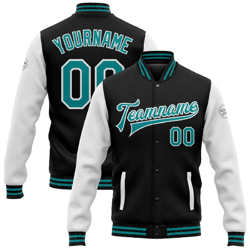 Classic Military Jacket for Everyday Looks-Custom Black Teal-White Bomber Full-Snap Varsity Letterman Two Tone Jacket