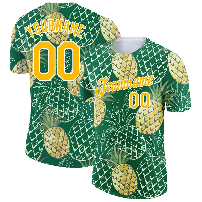 Comfortable Crew Neck T-Shirt for Relaxed Fit-Custom Kelly Green Gold-White 3D Pattern Design Summer Holiday Pineapple Performance T-Shirt