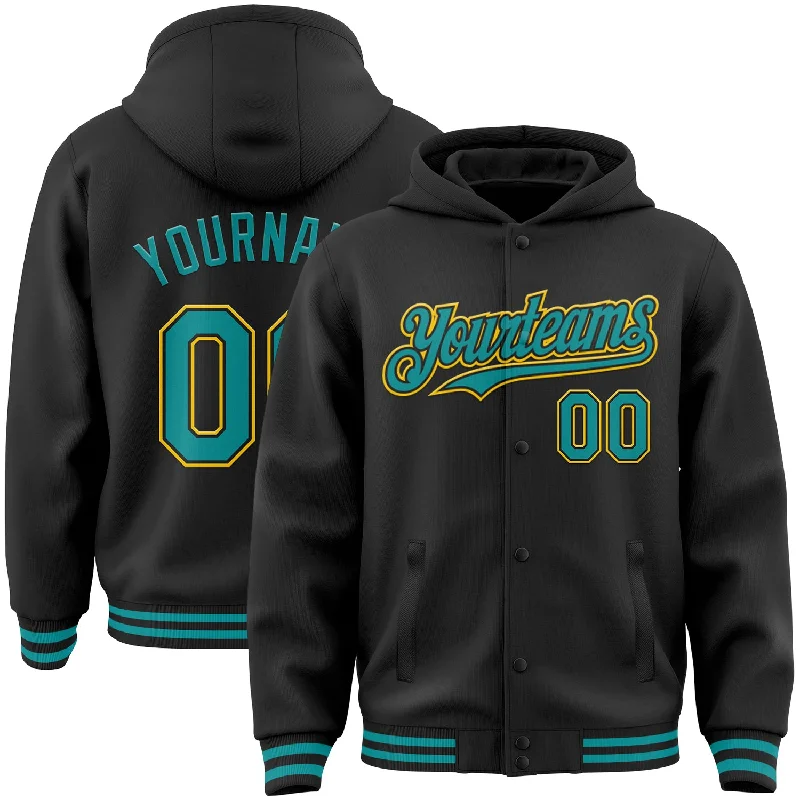 Cozy Hoodie for Weekend Relaxation-Custom Black Teal-Yellow Bomber Full-Snap Varsity Letterman Hoodie Jacket