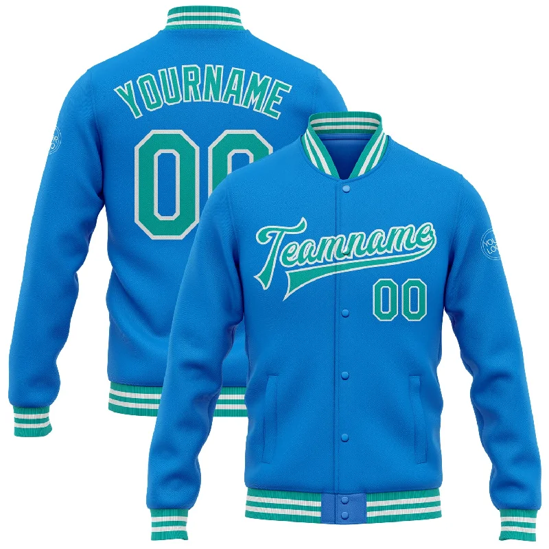 Insulated Ski Jacket for Winter Sports-Custom Powder Blue Aqua-White Bomber Full-Snap Varsity Letterman Jacket