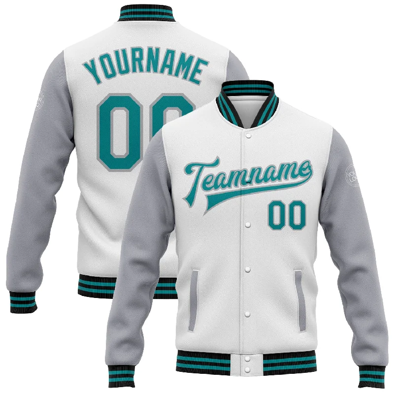 Versatile Soft Shell Jacket for Outdoor Sports-Custom White Teal Gray-Black Bomber Full-Snap Varsity Letterman Two Tone Jacket