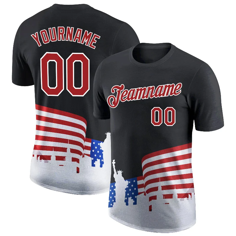 Basic Cotton T-Shirt for Casual Everyday Wear-Custom Black Red-White 3D American Flag Patriotic Performance T-Shirt