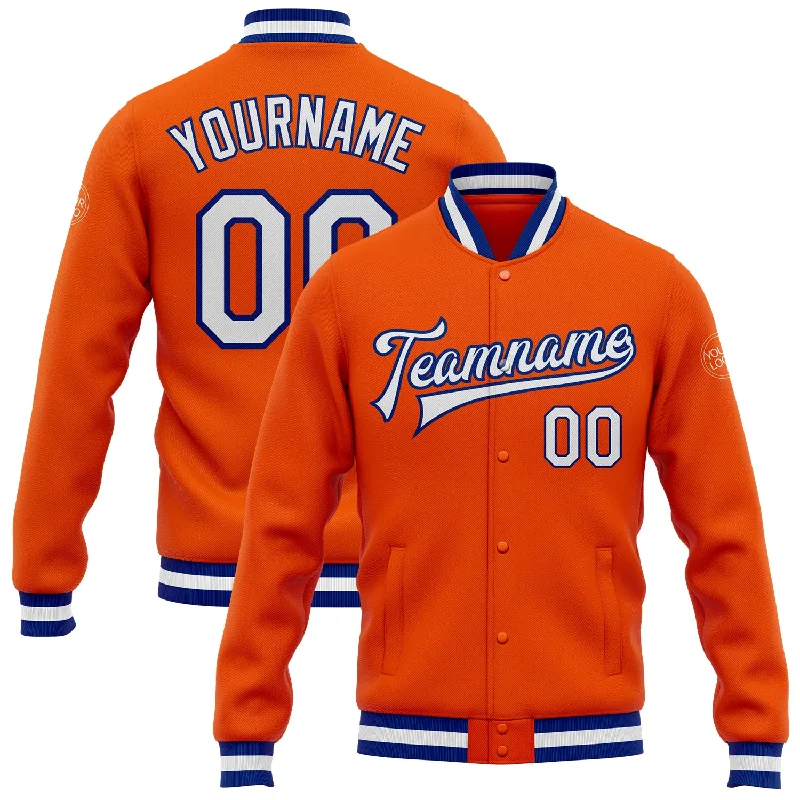 Stylish Utility Jacket for Casual Outfits-Custom Orange White-Royal Bomber Full-Snap Varsity Letterman Jacket