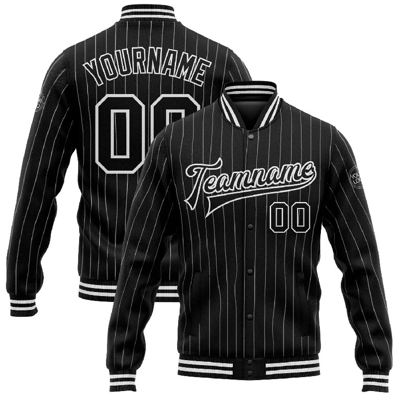 Cozy Long Parka Jacket for Winter Warmth-Custom Black White Pinstripe White Bomber Full-Snap Varsity Letterman Jacket