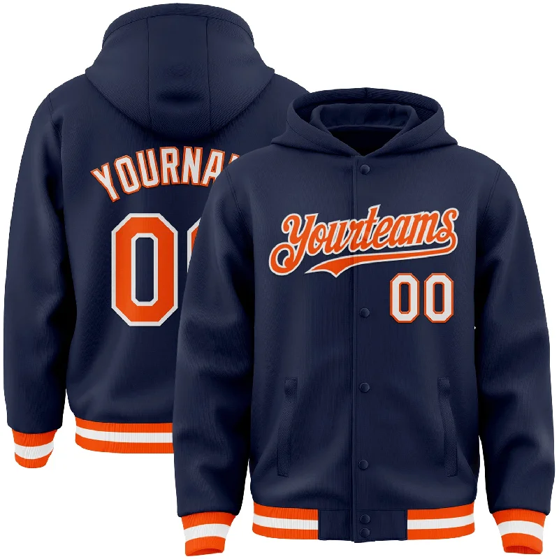 Comfortable Hoodie with Zipper Closure for Easy Wear-Custom Navy Orange-White Bomber Full-Snap Varsity Letterman Hoodie Jacket