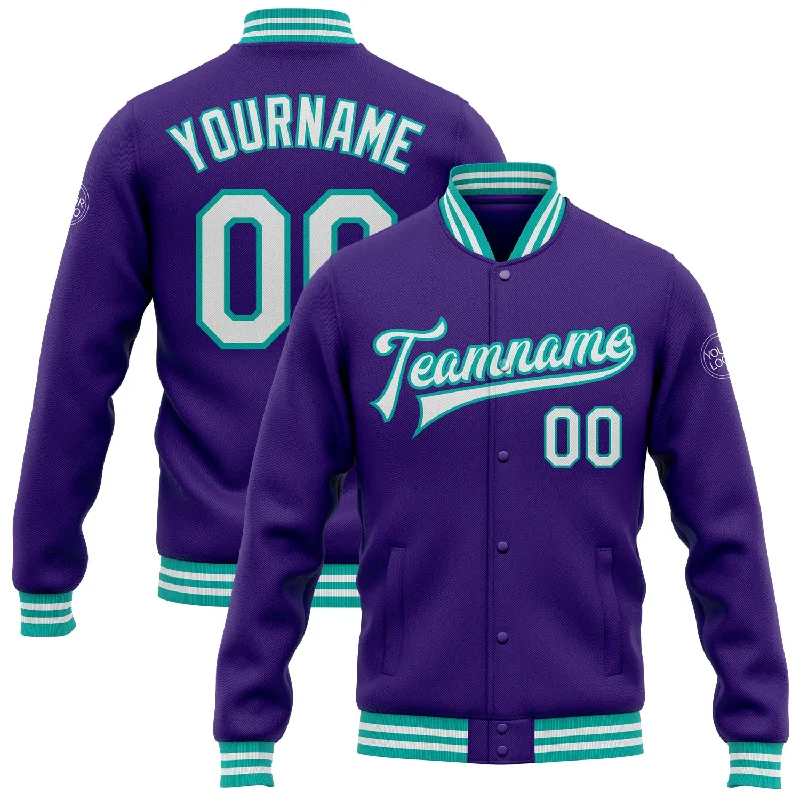 Lightweight Outdoor Jacket for Hiking Adventures-Custom Purple White-Aqua Bomber Full-Snap Varsity Letterman Jacket