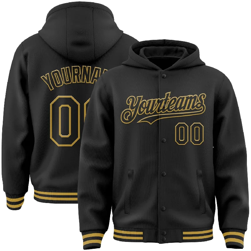 Hoodie with Zipper Pockets for Convenience-Custom Black Old Gold Bomber Full-Snap Varsity Letterman Hoodie Jacket