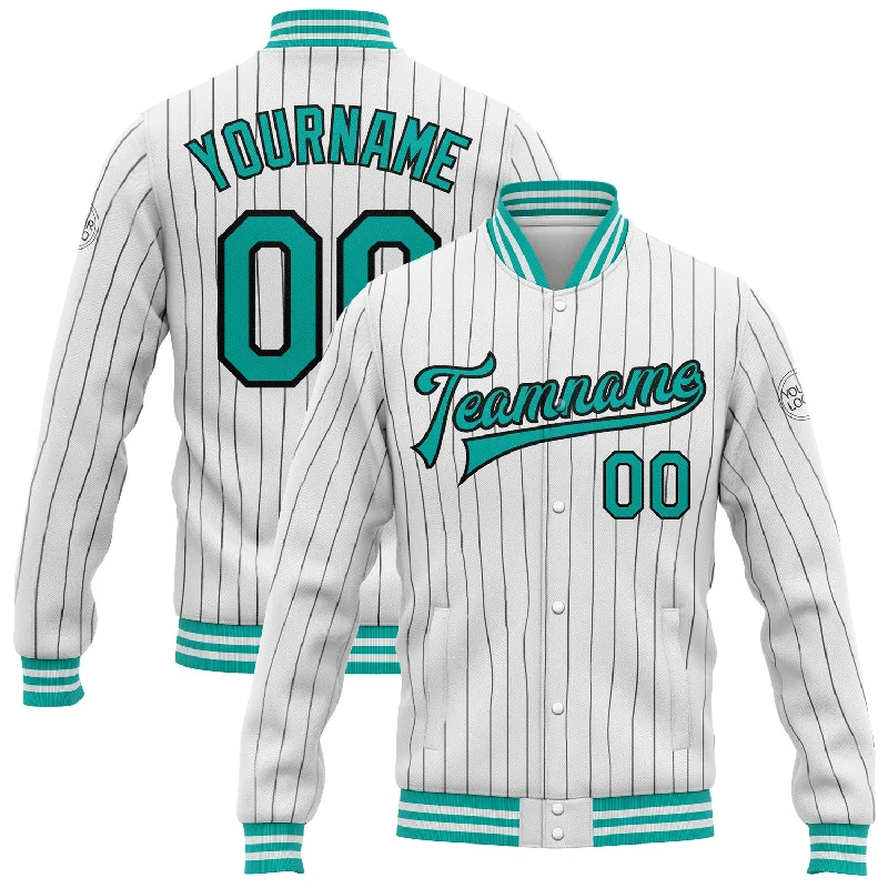 Classic Peacoat Jacket for Elegant Style-Custom White Black Pinstripe Aqua Bomber Full-Snap Varsity Letterman Jacket