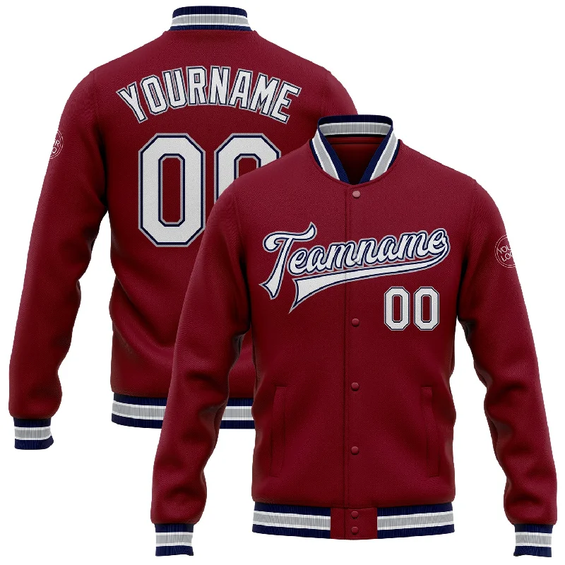 Athletic Zip Jacket for Sports Performance-Custom Crimson White Navy-Gray Bomber Full-Snap Varsity Letterman Jacket