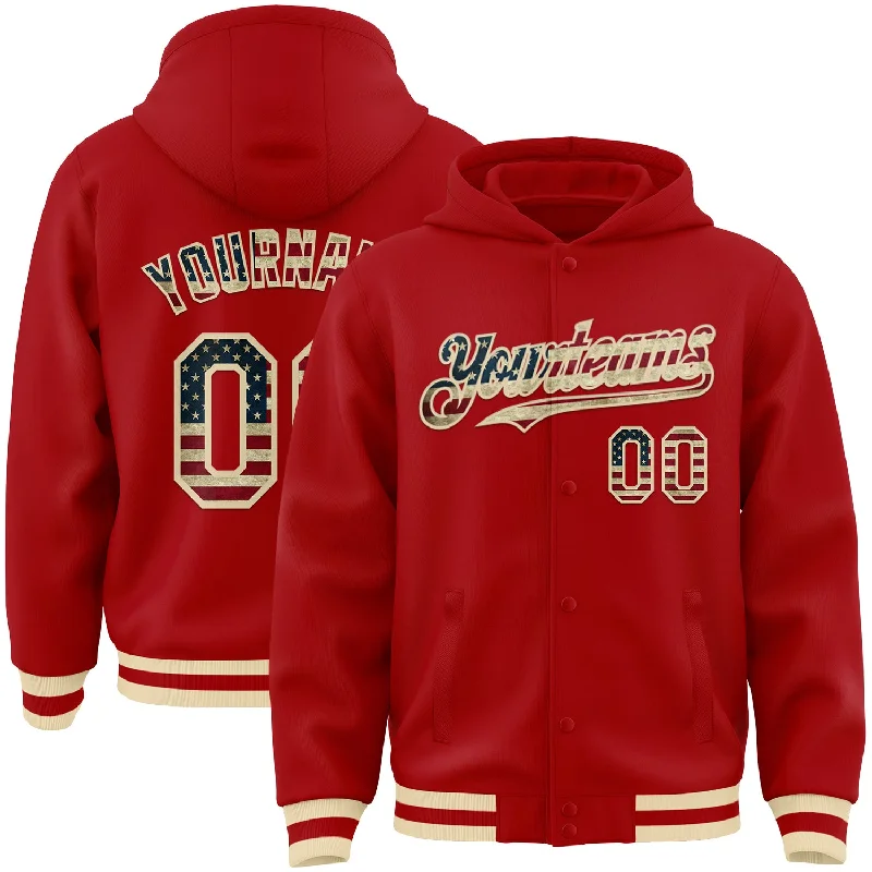 Cozy Hoodie for Weekend Relaxation-Custom Red Vintage USA Flag-Cream Bomber Full-Snap Varsity Letterman Hoodie Jacket