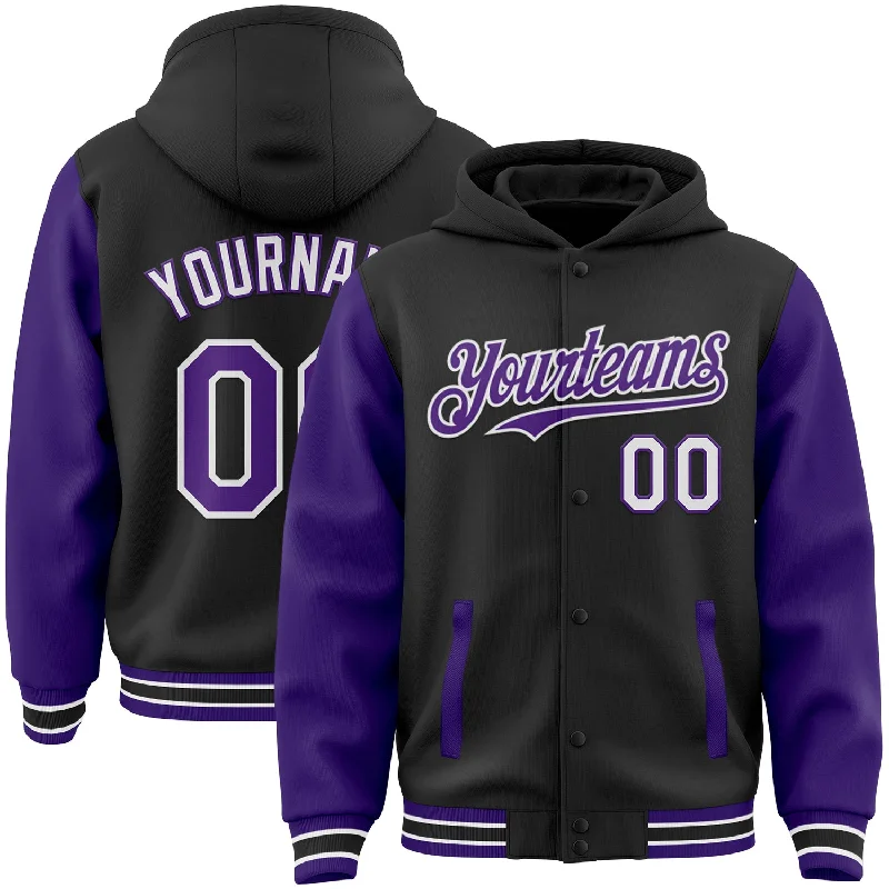 Practical Hoodie for All-Day Wear-Custom Black Purple-White Bomber Full-Snap Varsity Letterman Two Tone Hoodie Jacket