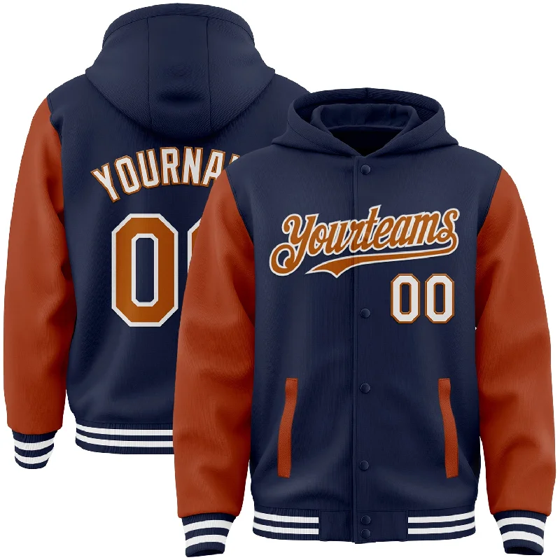 Eco-Friendly Hoodie for Sustainable Fashion-Custom Navy Texas Orange-White Bomber Full-Snap Varsity Letterman Two Tone Hoodie Jacket