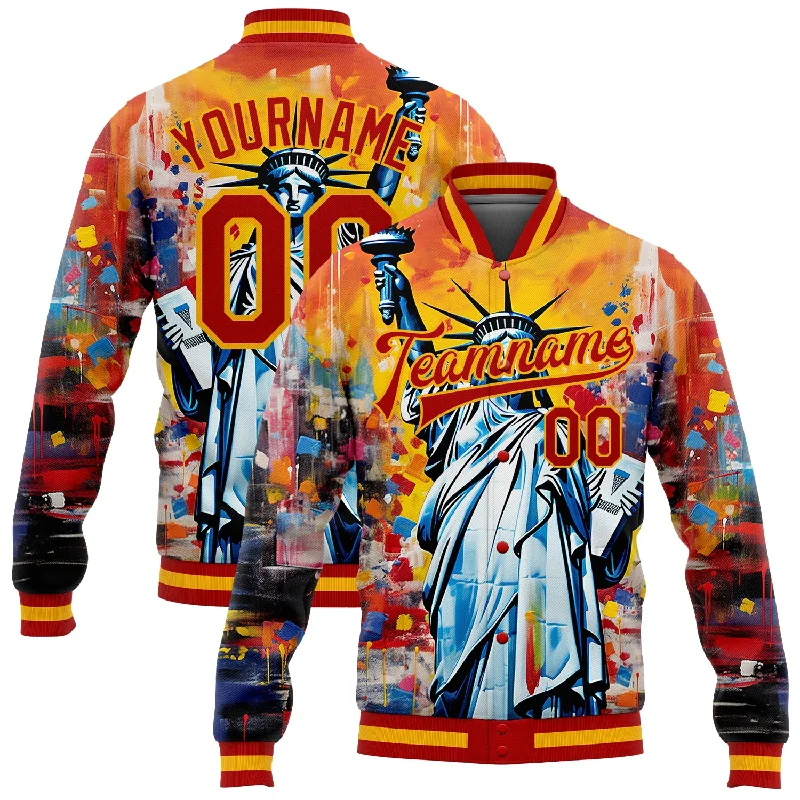 Performance Zip-Up Jacket for Running or Cycling-Custom Gold Red Statue of Liberty Independence Day 3D Pattern Design Bomber Full-Snap Varsity Letterman Jacket