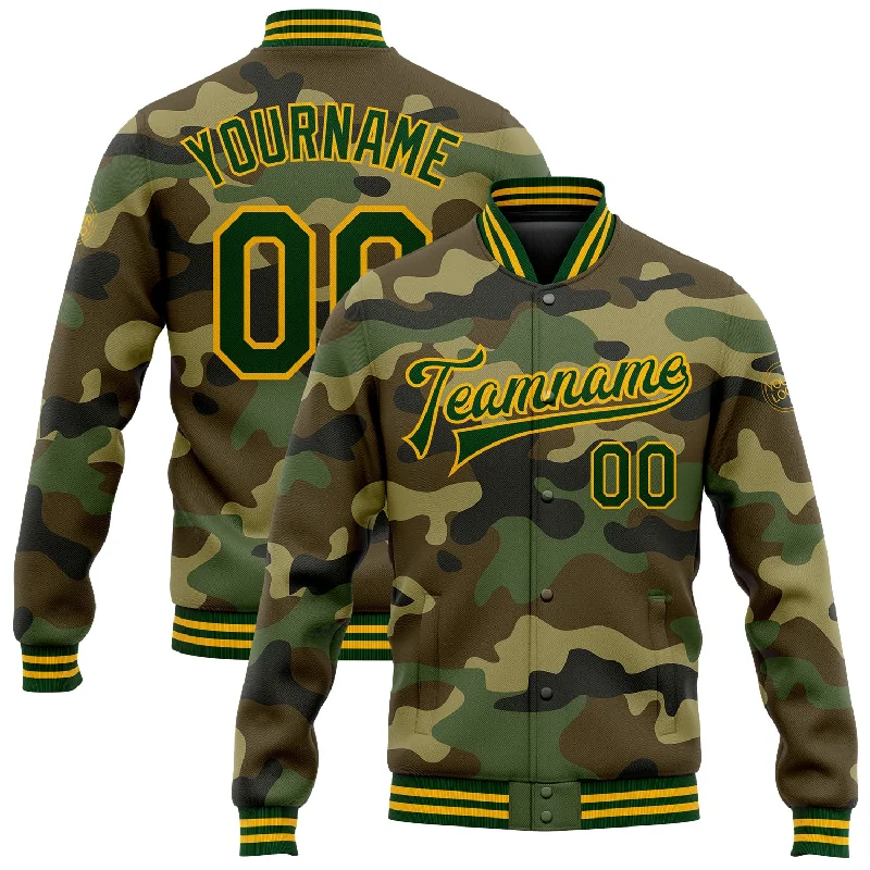 Casual Utility Jacket for Practical Wear-Custom Camo Green-Gold Bomber Full-Snap Varsity Letterman Salute To Service Jacket