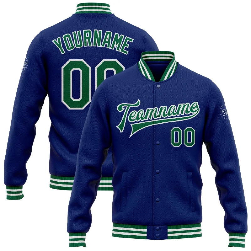 Comfortable Everyday Fleece Jacket for Casual Wear-Custom Royal Kelly Green-White Bomber Full-Snap Varsity Letterman Jacket