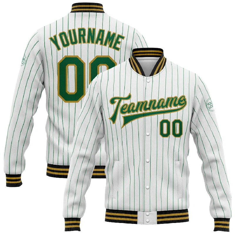 Comfortable Fitted Jacket for Everyday Wear-Custom White Kelly Green Pinstripe Old Gold-Black Bomber Full-Snap Varsity Letterman Jacket