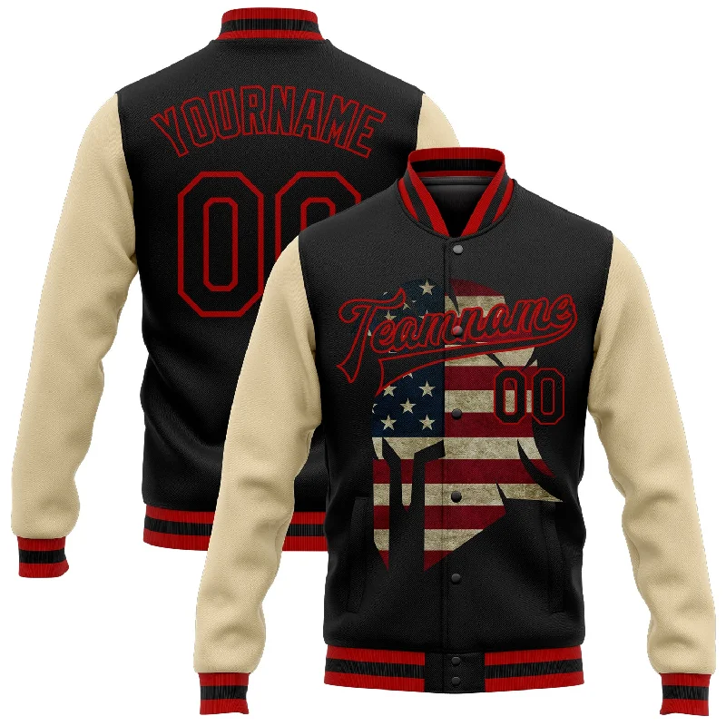 Chic Blazer Jacket for Business and Casual Looks-Custom Black Red-City Cream Spartan Logo With Vintage USA Flag 3D Pattern Design Bomber Full-Snap Varsity Letterman Two Tone Jacket