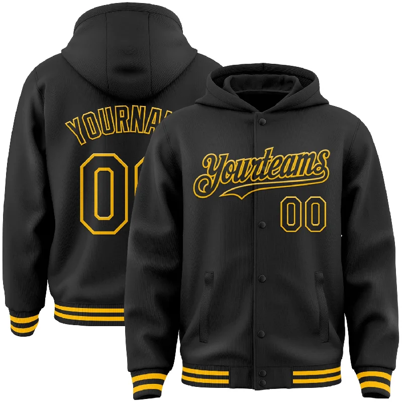 Cozy Hoodie with a Soft Lining for Extra Comfort-Custom Black Gold Bomber Full-Snap Varsity Letterman Hoodie Jacket