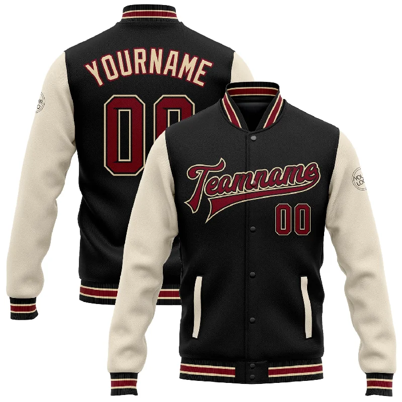 Athletic Wear Jacket for Running and Jogging-Custom Black Crimson City Cream-Cream Bomber Full-Snap Varsity Letterman Two Tone Jacket