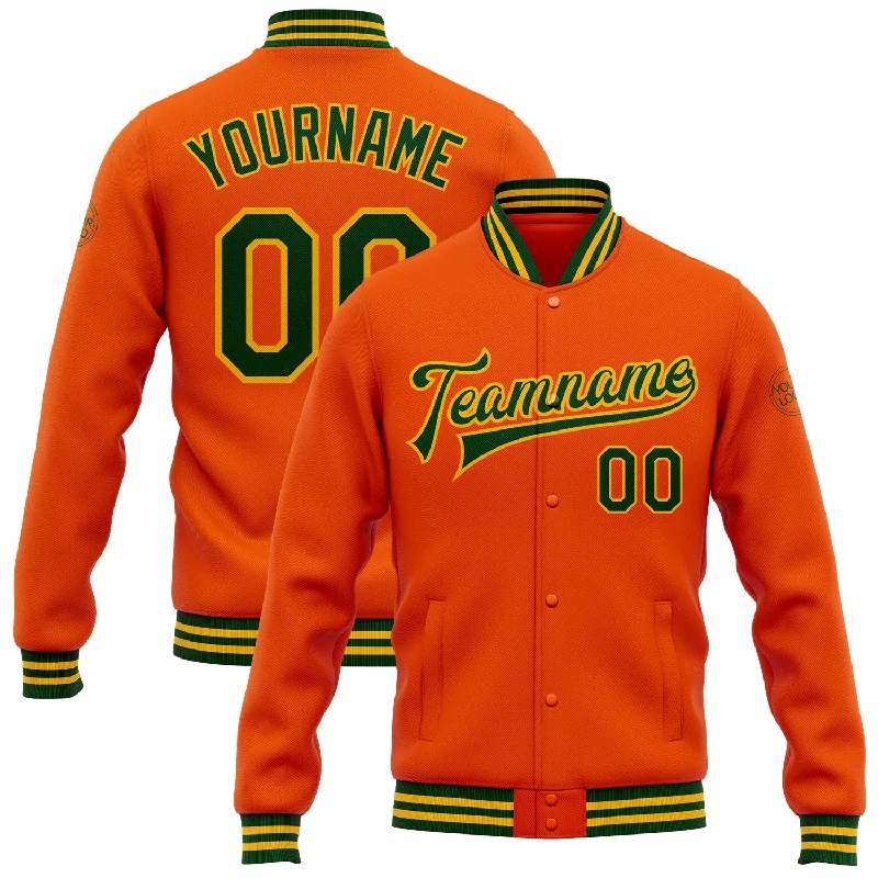 Slim Fit Trench Coat Jacket for Timeless Fashion-Custom Orange Green-Gold Bomber Full-Snap Varsity Letterman Jacket