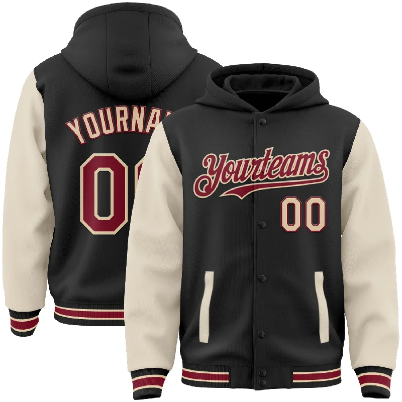 Fashionable Hoodie with Colorblock Design-Custom Black Crimson Cream-City Cream Bomber Full-Snap Varsity Letterman Two Tone Hoodie Jacket