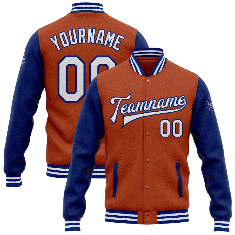 Trendy Shacket Jacket for Fashion Layering-Custom Texas Orange White-Royal Bomber Full-Snap Varsity Letterman Two Tone Jacket