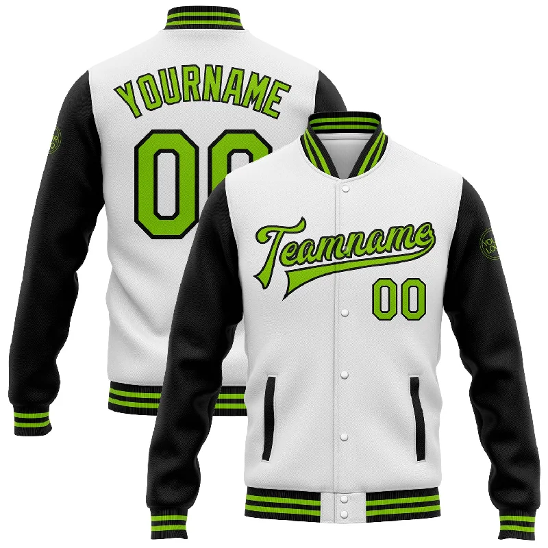 Warm Quilted Jacket for Cozy Winter Days-Custom White Neon Green-Black Bomber Full-Snap Varsity Letterman Two Tone Jacket