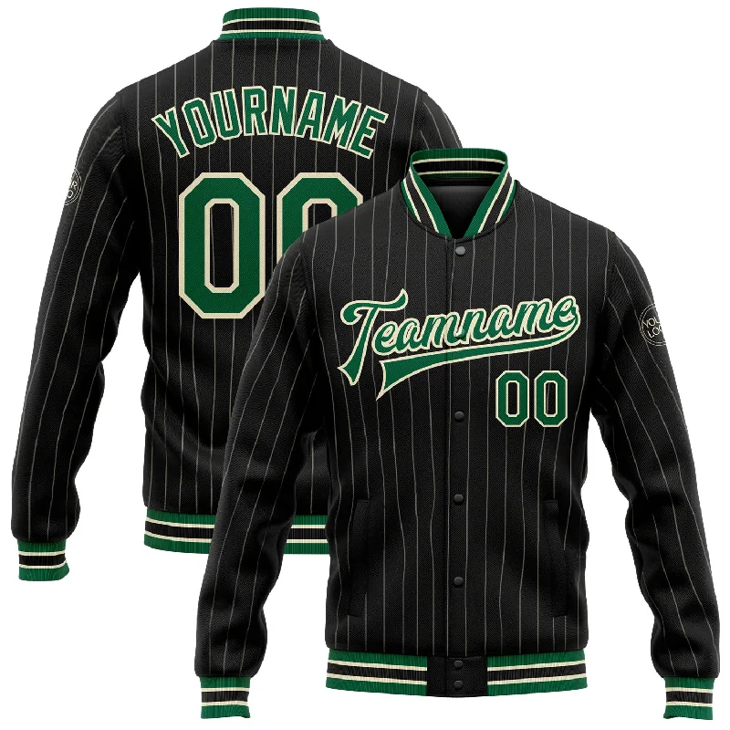 Warm Faux Leather Jacket for Fall and Winter-Custom Black Cream Pinstripe Kelly Green Bomber Full-Snap Varsity Letterman Jacket