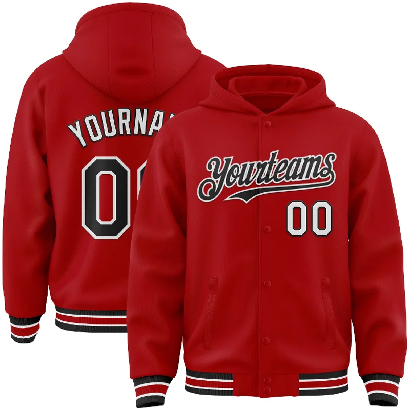 Trendy Hoodie with Embroidered Details-Custom Red Black-White Bomber Full-Snap Varsity Letterman Hoodie Jacket