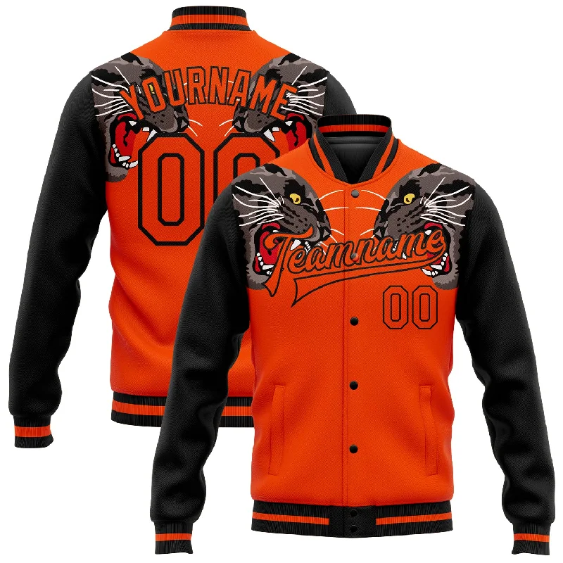 Comfortable Travel Jacket for Adventure Trips-Custom Orange Black Leopard 3D Pattern Design Bomber Full-Snap Varsity Letterman Jacket