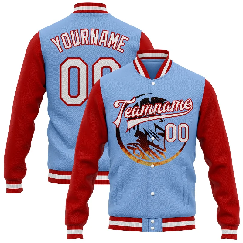 Waterproof Jacket for Outdoor Exploration-Custom Light Blue White-Red Spartan Logo 3D Pattern Design Bomber Full-Snap Varsity Letterman Two Tone Jacket