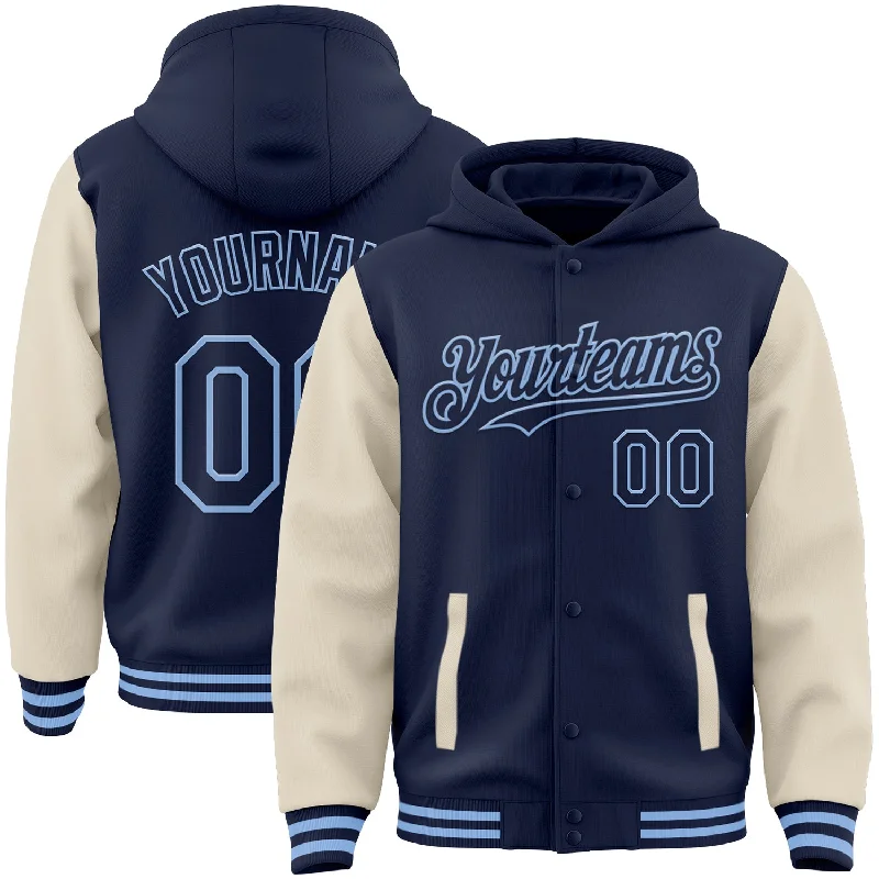 Comfortable Full-Zip Hoodie for Easy Layering-Custom Navy Cream-Light Blue Bomber Full-Snap Varsity Letterman Two Tone Hoodie Jacket