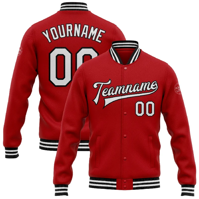 Casual Field Jacket for Relaxed Style-Custom Red White-Black Bomber Full-Snap Varsity Letterman Jacket