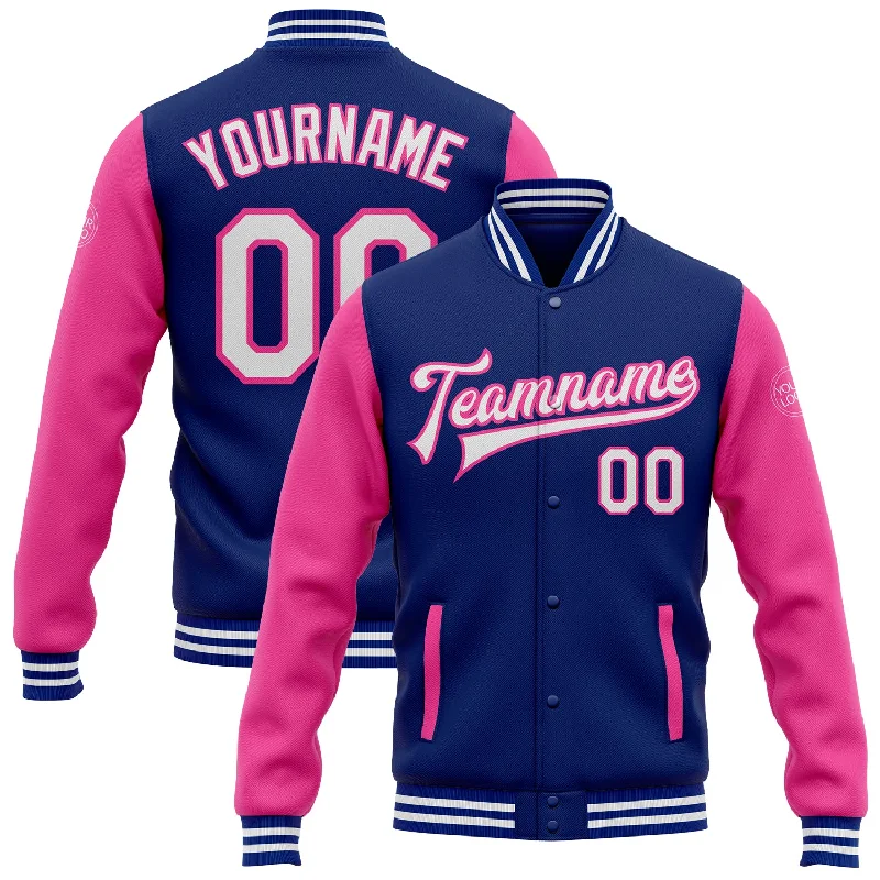 Lightweight Soft-Shell Windbreaker for Sports-Custom Royal White-Pink Bomber Full-Snap Varsity Letterman Two Tone Jacket