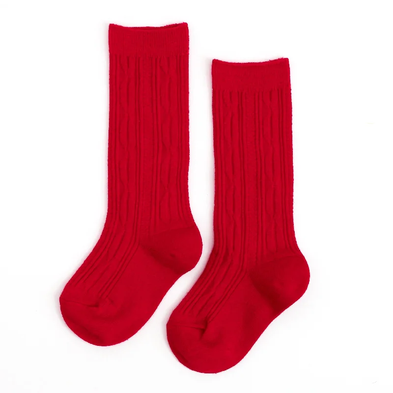 Fun Holiday Socks for Festive Celebrations-Apple Red Cable Knit Knee High Socks