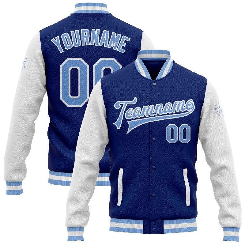 Classic Peacoat Jacket for Elegant Style-Custom Royal Light Blue-White Bomber Full-Snap Varsity Letterman Two Tone Jacket